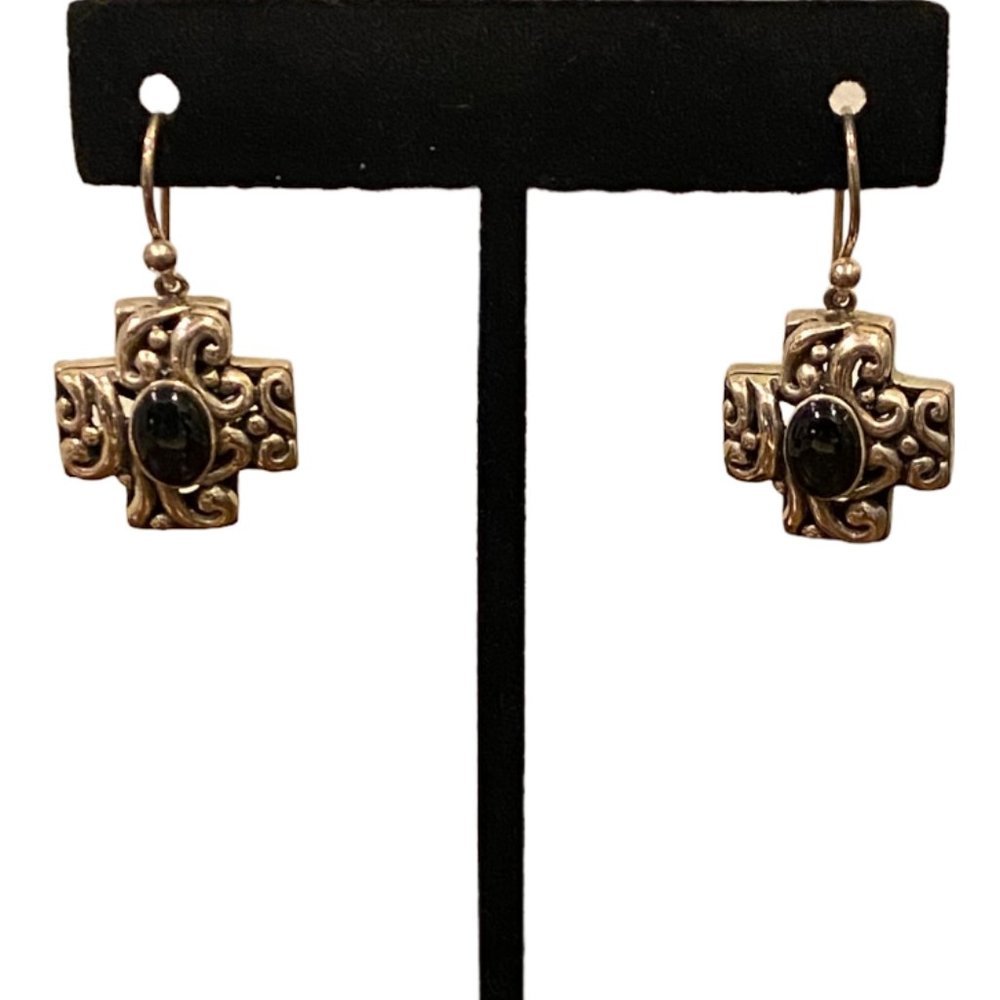 925 Sterling Silver Scrollwork Cross Dangle/Drop Earrings with  Onyx Setting